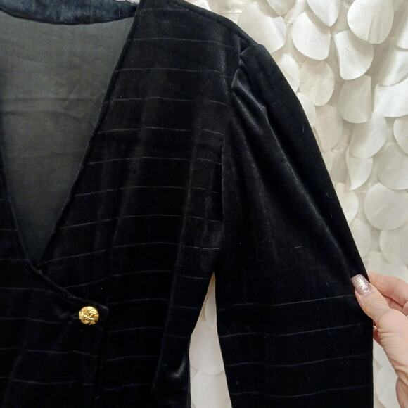 Velvet Jacket BLACK Blazer GOLD BUTTONS Deep V-neck Front Puff Shoulders Pockets - Picture 7 of 16